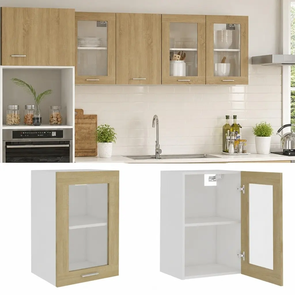Hanging Glass Cabinet Kitchen Storage Organizer Brown Engineered Wood
