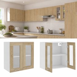 Hanging Glass Kitchen Cabinet Brown Storage Shelves Engineered Wood Furniture