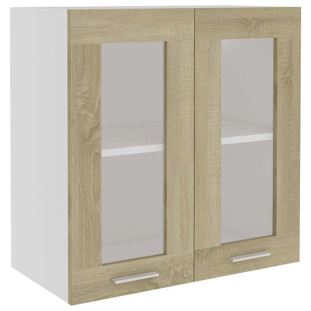 Hanging Glass Kitchen Cabinet Brown Engineered Wood Storage Shelves