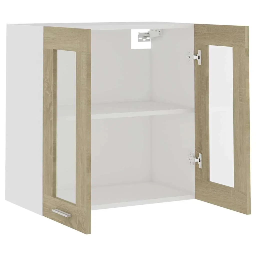 Hanging Glass Kitchen Cabinet Brown Engineered Wood Storage Shelves