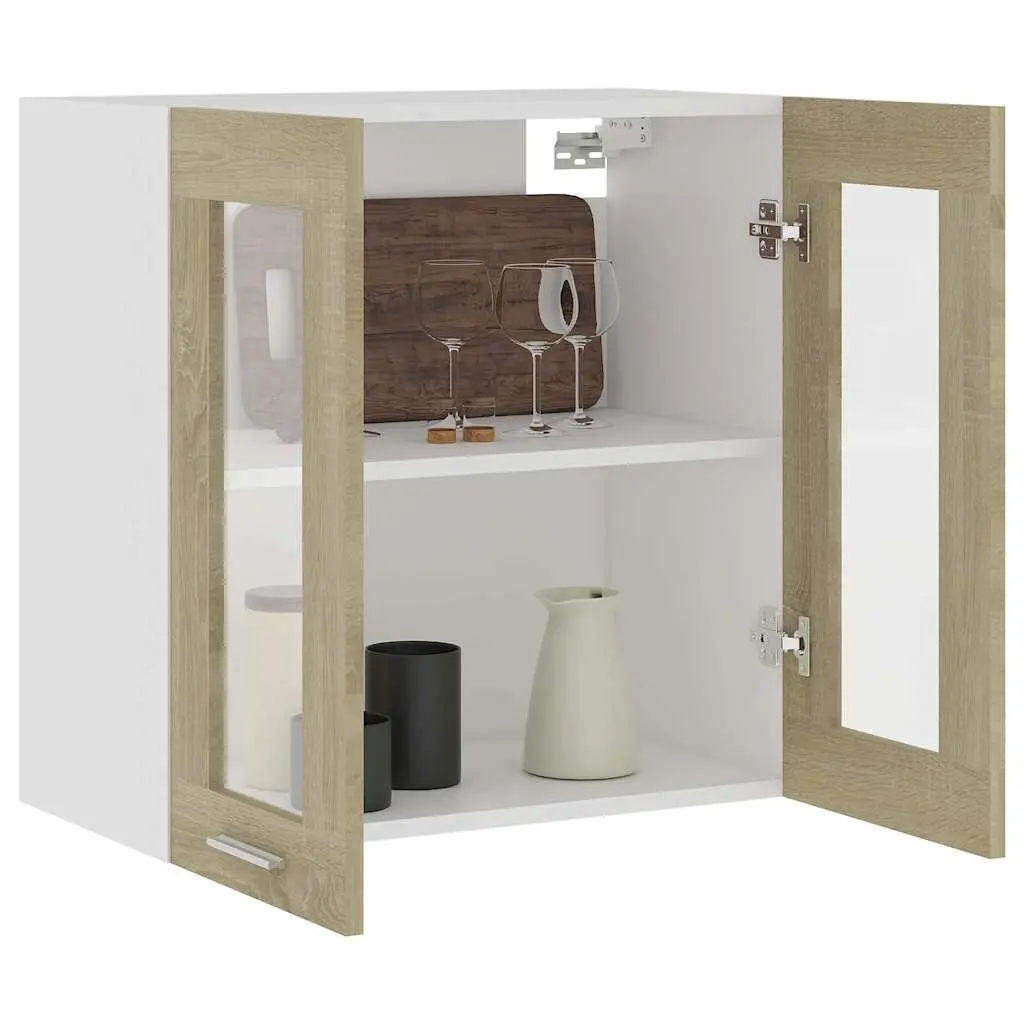 Hanging Glass Kitchen Cabinet Brown Engineered Wood Storage Shelves