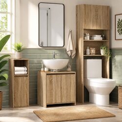 Bathroom Cabinet Brown Engineered Wood Storage Cupboard with Doors Compartment