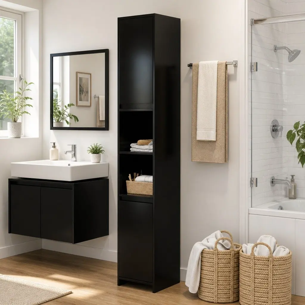 Black Bathroom Cabinet Engineered Wood 30x30x183.5cm 6 Compartments 2 Doors