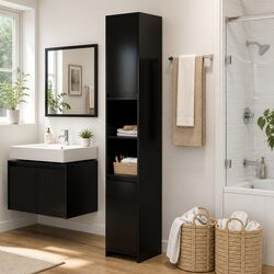 Black Bathroom Cabinet Engineered Wood 30x30x183.5cm 6 Compartments 2 Doors