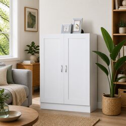 White Book Cabinet Storage Shelving Unit with Doors and Compartments