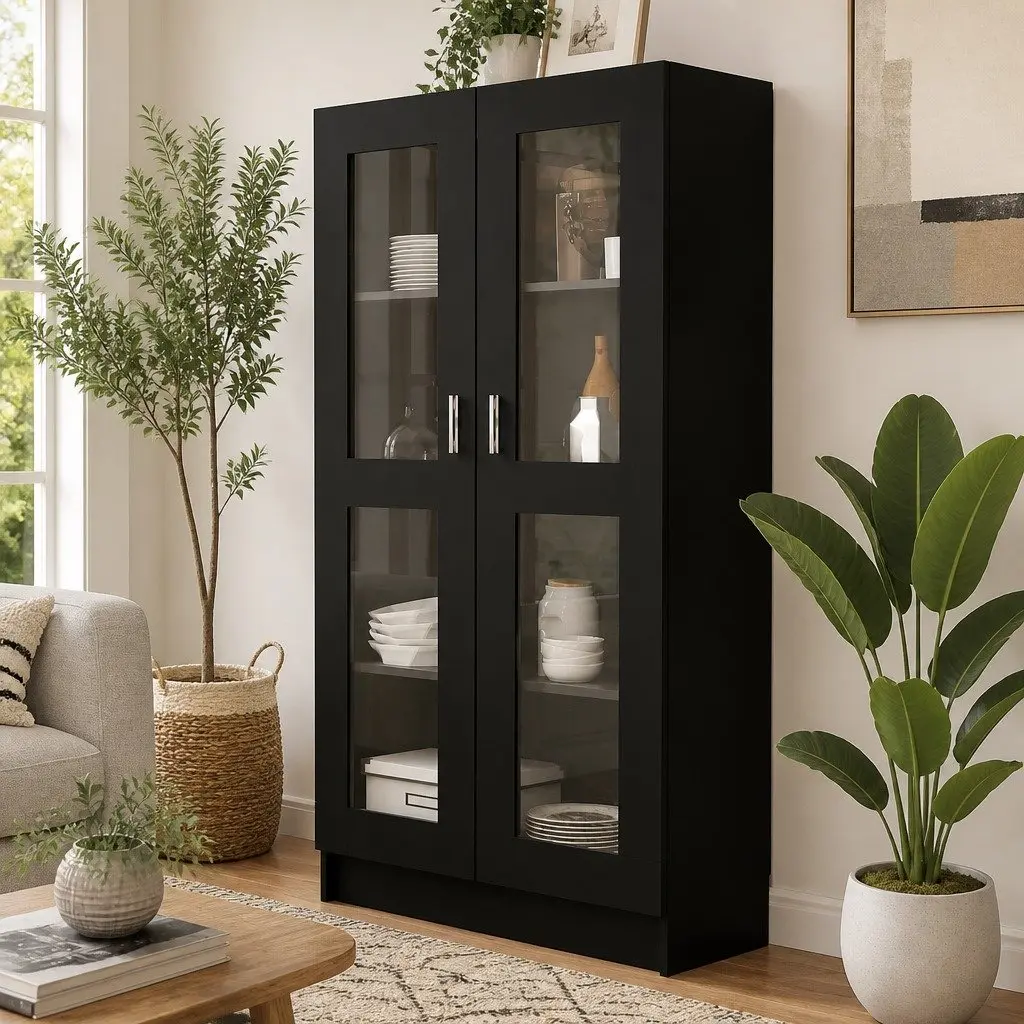 Vitrine Cabinet Black 4 Compartments 2 Doors Engineered Wood Storage Display Shelf