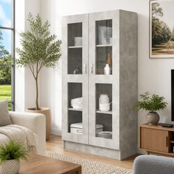 Vitrine Cabinet Grey Engineered Wood Storage Bookshelf 4 Compartments 2 Doors