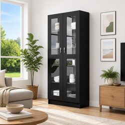 Display Cabinet Black 82.5x30.5x185cm Engineered Wood Vitrine 5 Compartments