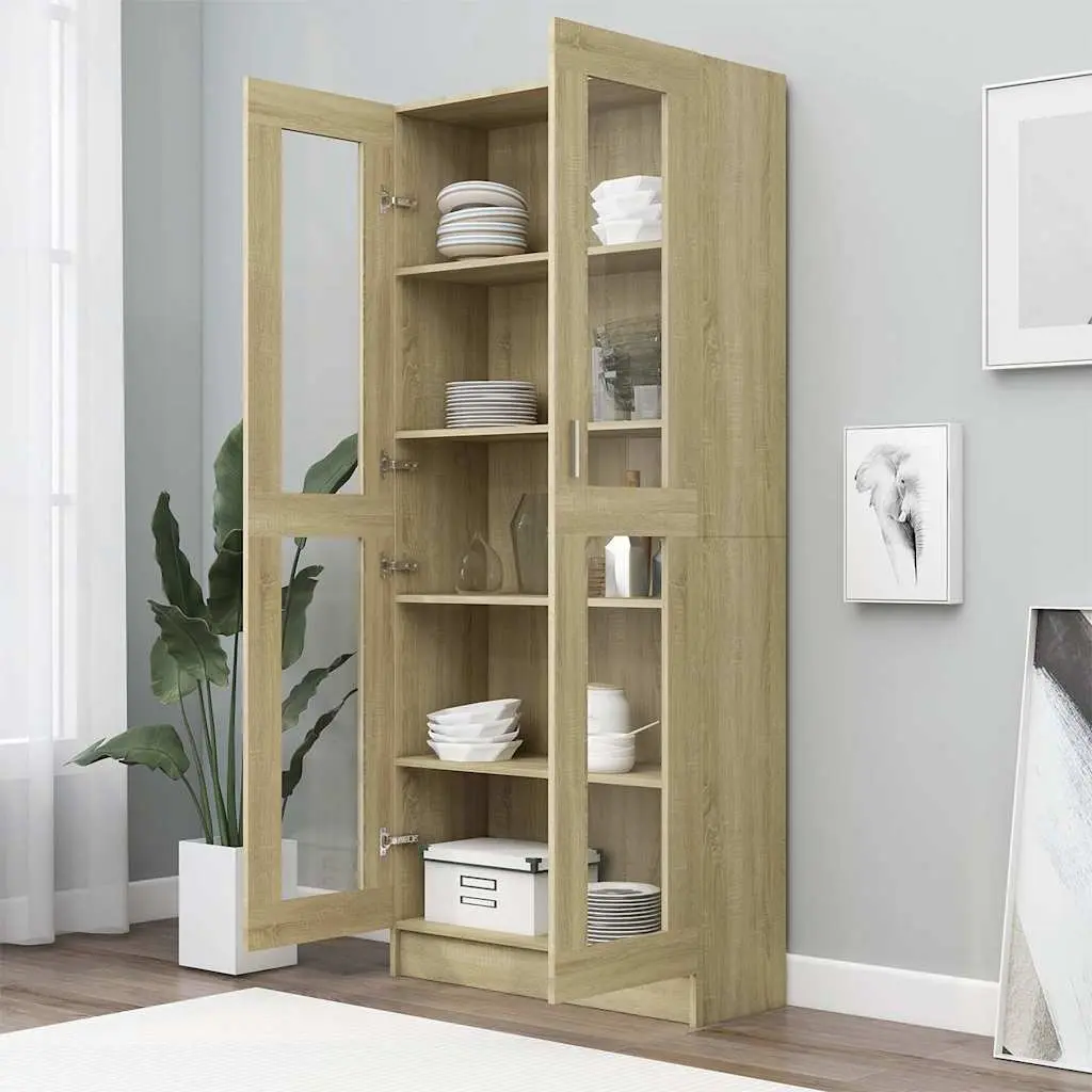 Vitrine Cabinet Brown Engineered Wood Bookshelf 82.5x30.5x185cm Storage Shelves