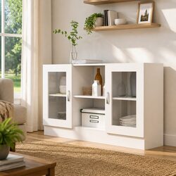 White Vitrine Cabinet Storage Sideboard with Doors Compartments Display