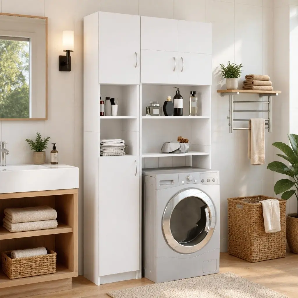 Bathroom Storage Cabinet White 4 Shelves with Doors 2 Open Shelves Tall Cupboard