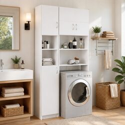 Bathroom Storage Cabinet White 4 Shelves with Doors 2 Open Shelves Tall Cupboard