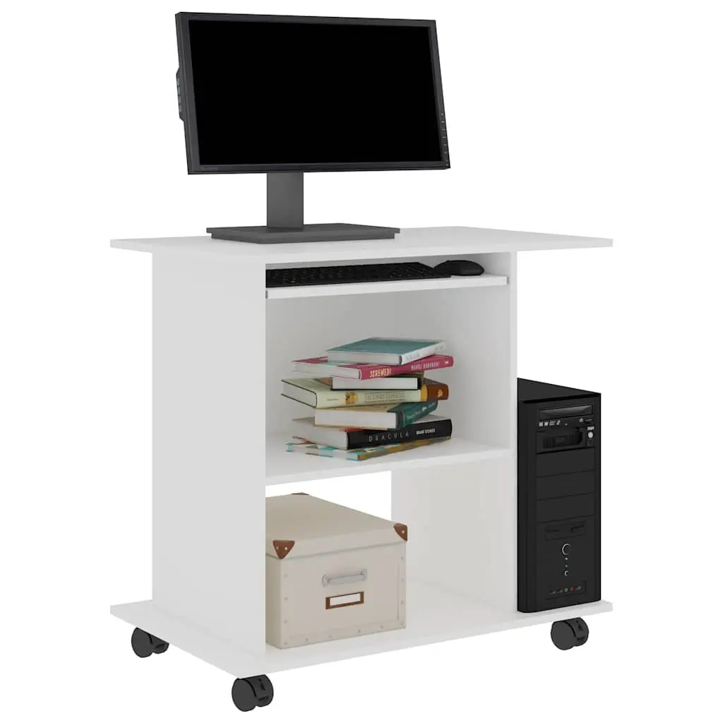 Computer Desk White Compact 80x50x75cm Workstation with Keyboard Shelf and Castors