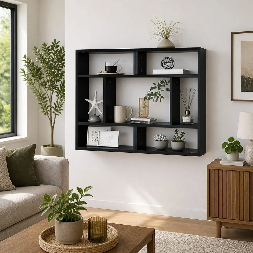 Wall Shelf Open Compartments Storage Display Unit 75x16x55cm Black