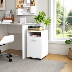 White Storage Cabinet with Wheels Engineered Wood Side Table Shelf Compartment