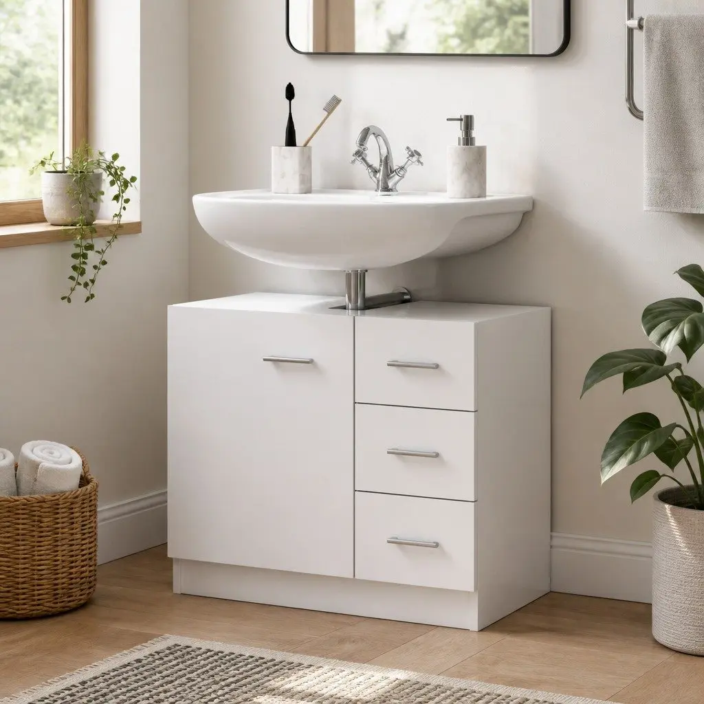 Bathroom Sink Cabinet White Storage Engineered Wood Vanity Unit Drawers