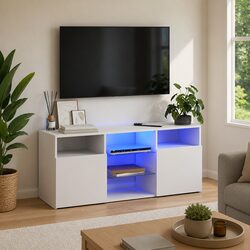 TV Cabinet with LED Lights White Living Room Media Storage Unit 120x30x50cm