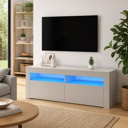 TV Cabinet with RGB LED Lights White Modern Entertainment Stand Storage Unit