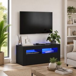TV Cabinet Black LED Lights Modern Entertainment Unit Storage Display Shelf