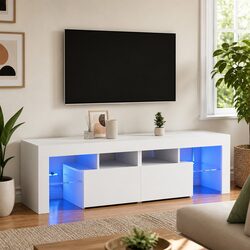 TV Cabinet with RGB LED Lights Modern Media Stand Storage Unit White 140cm