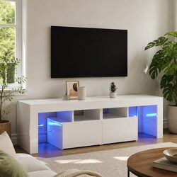 TV Cabinet with RGB LED Lights Modern Storage Unit High Gloss White