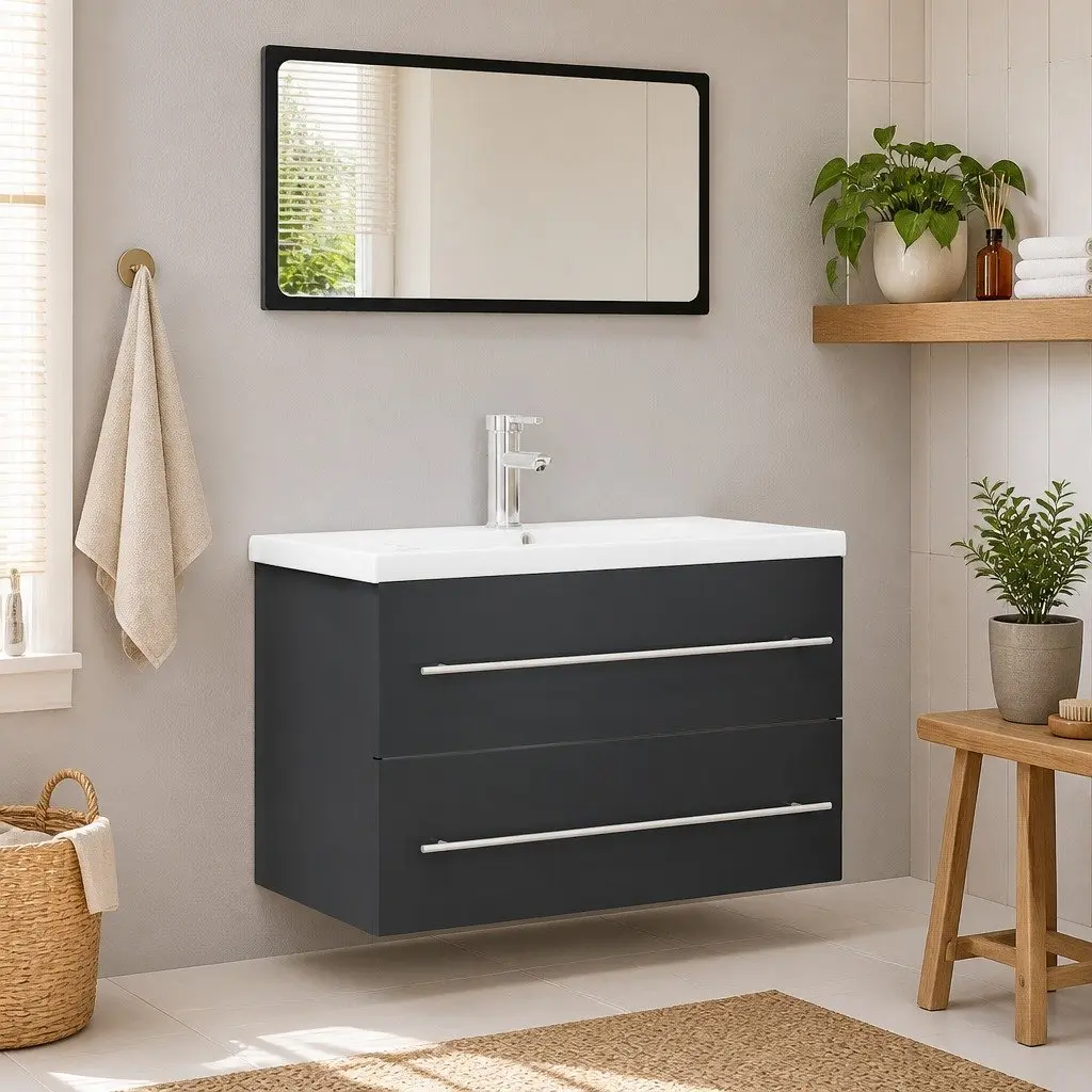 Bathroom Furniture Set Grey 2 Piece Mirror Cabinet Engineered Wood Storage