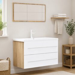 Bathroom Furniture Set 2 Piece Mirror Cabinet Engineered Wood White Sonoma Oak