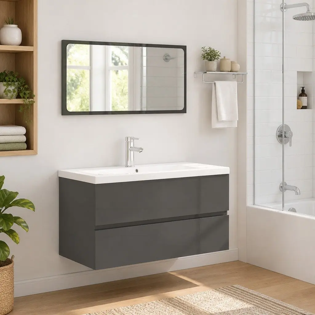 Bathroom Set Grey High Gloss Cabinet with Mirror Engineered Wood Storage