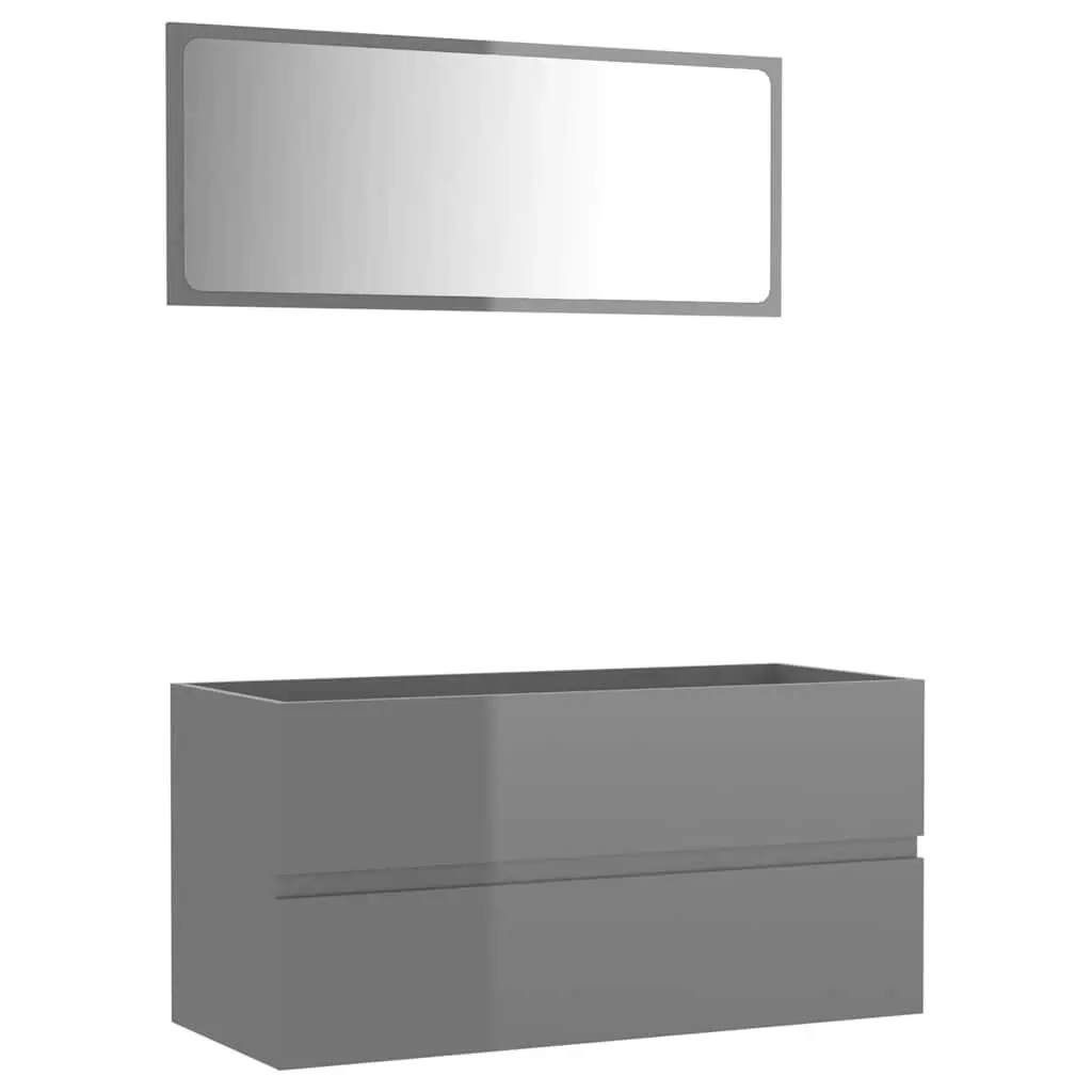 Bathroom Set Grey High Gloss Cabinet with Mirror Engineered Wood Storage