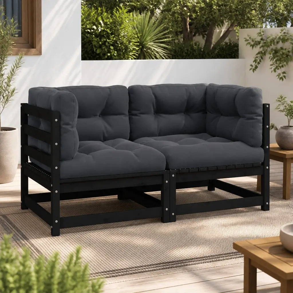 Garden Sofa 2-Seater Solid Pinewood with Cushions Black