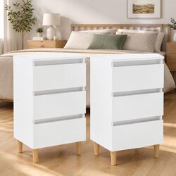 Bedside Table 2 pcs High Gloss White Wood Legs Storage Drawers Nightstand