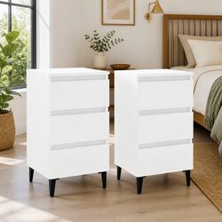Bedside Table White 2 Pcs Metal Legs Storage Cabinet Nightstand Drawer Furniture