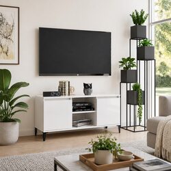 TV Cabinet White High Gloss with Metal Legs Storage Sideboard Shelf Unit
