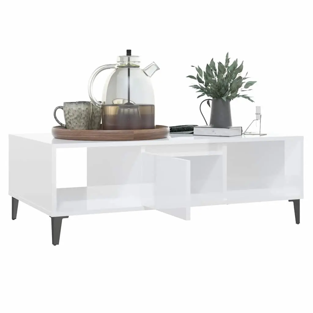 Coffee Table White High Gloss Storage Compartment Shelves Living Room Furniture