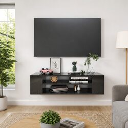 Hanging TV Cabinet Wall-Mounted High Gloss Black Living Room Storage Unit