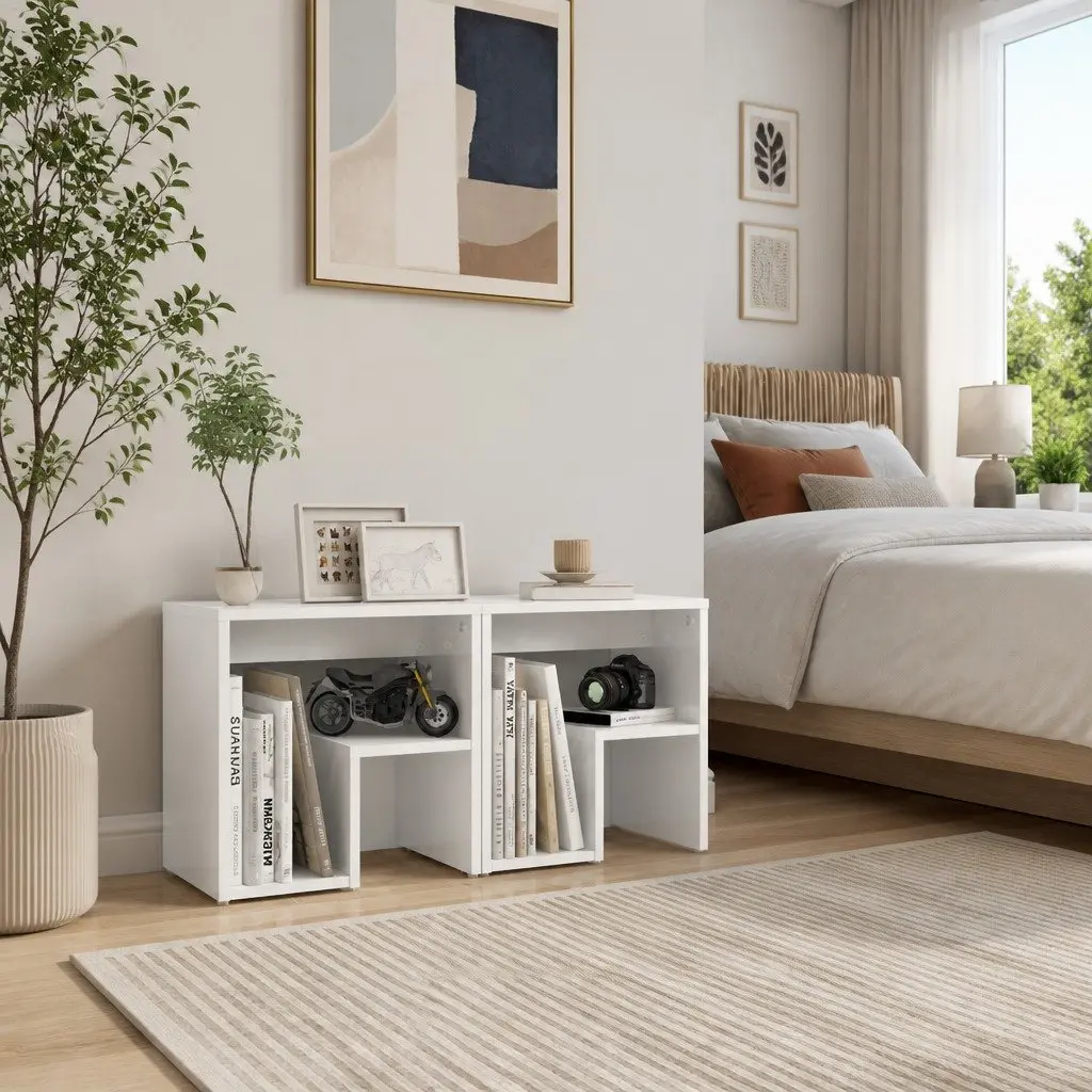 Bedside Tables High Gloss White Storage Shelf 2 Piece Set