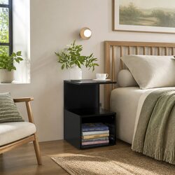 Bedside Cabinet Black Open Compartments Storage Nightstand Bedroom Furniture