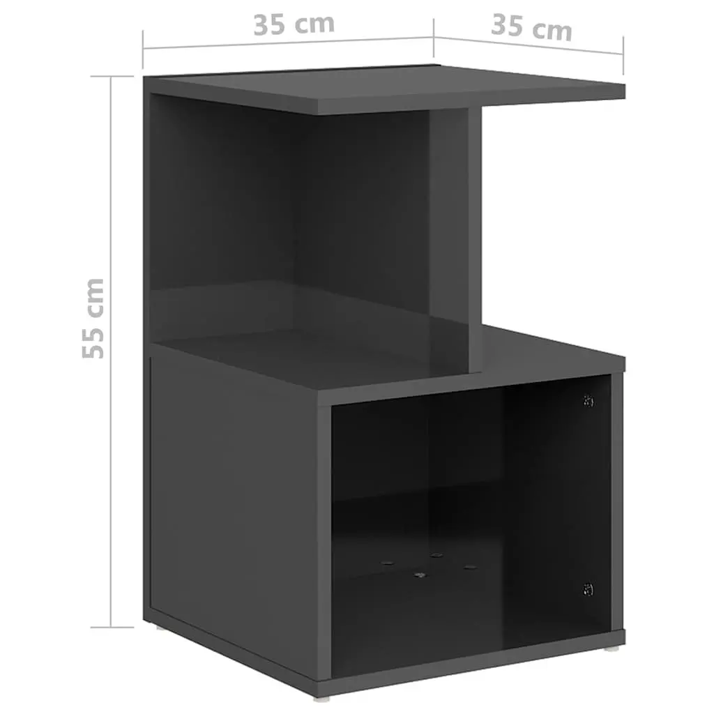 Bedside Table Grey High Gloss Open Compartments Storage Nightstand 35x35x55cm