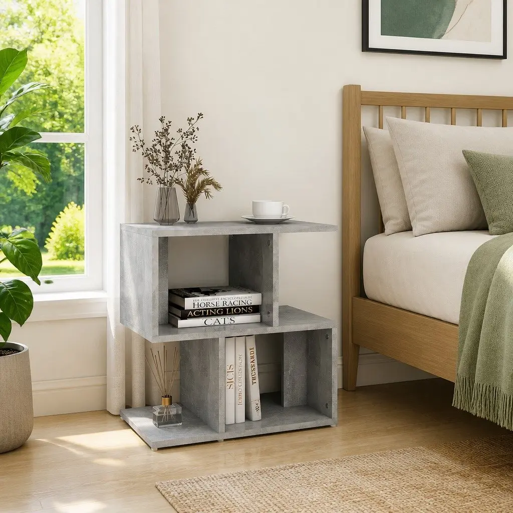Bedside Table Grey Open Compartments Storage Nightstand Organizer