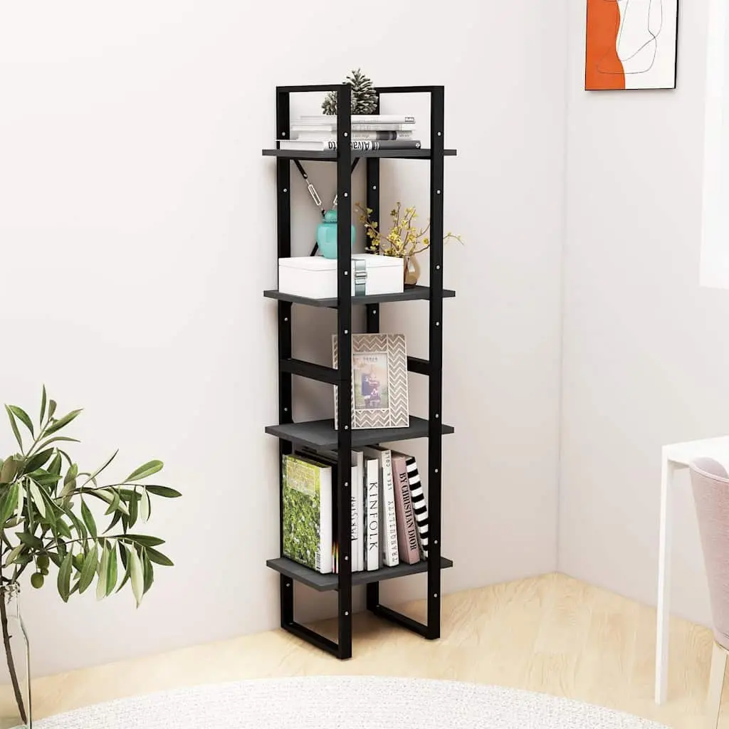 4-Tier Book Cabinet Solid Pine Wood Grey Storage Shelving Unit