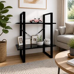 2-Tier Book Cabinet Black Engineered Wood Bookshelf Storage Display Shelves