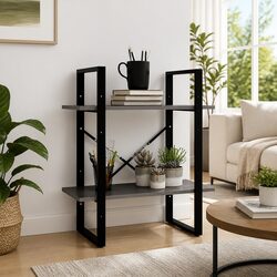 2-Tier Book Cabinet Solid Pine Wood Grey Standing Bookshelf Storage Shelves