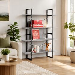 4-Tier Book Cabinet Grey Concrete Standing Shelf Engineered Wood Storage Display