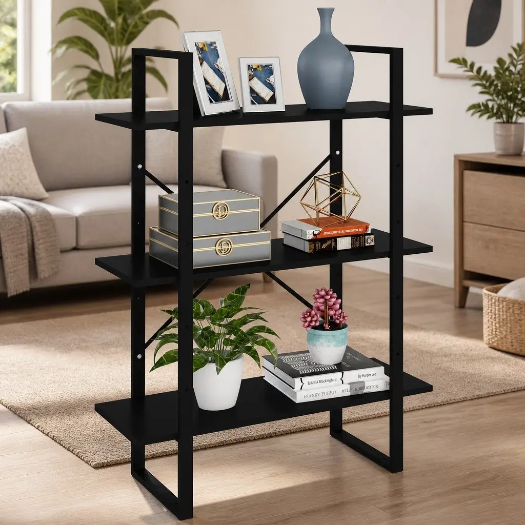 Bookcase Black Metal Frame 3 Shelf Storage Unit Engineered Wood