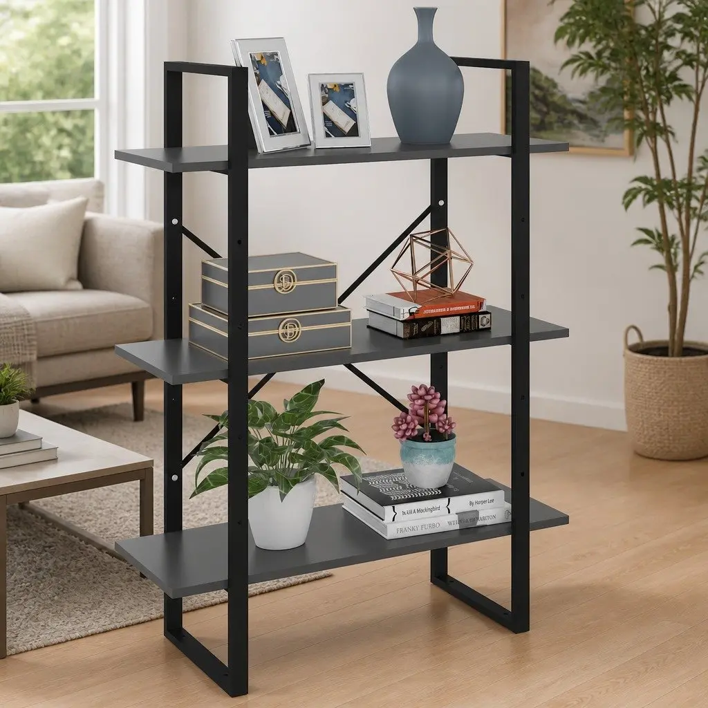 Book Cabinet Grey Engineered Wood Metal Frame 3 Shelves Storage Unit Home Furniture Decor