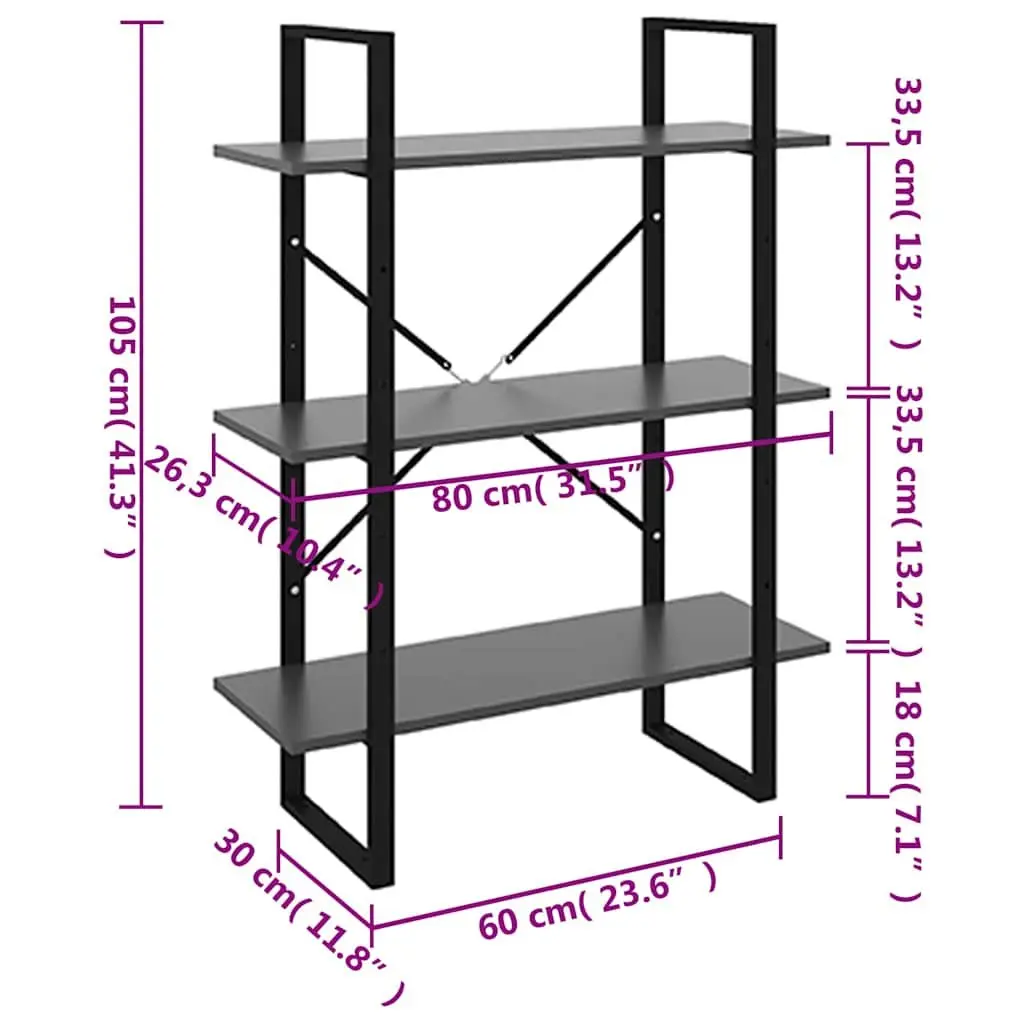 Book Cabinet Grey Engineered Wood Metal Frame 3 Shelves Storage Unit Home Furniture Decor