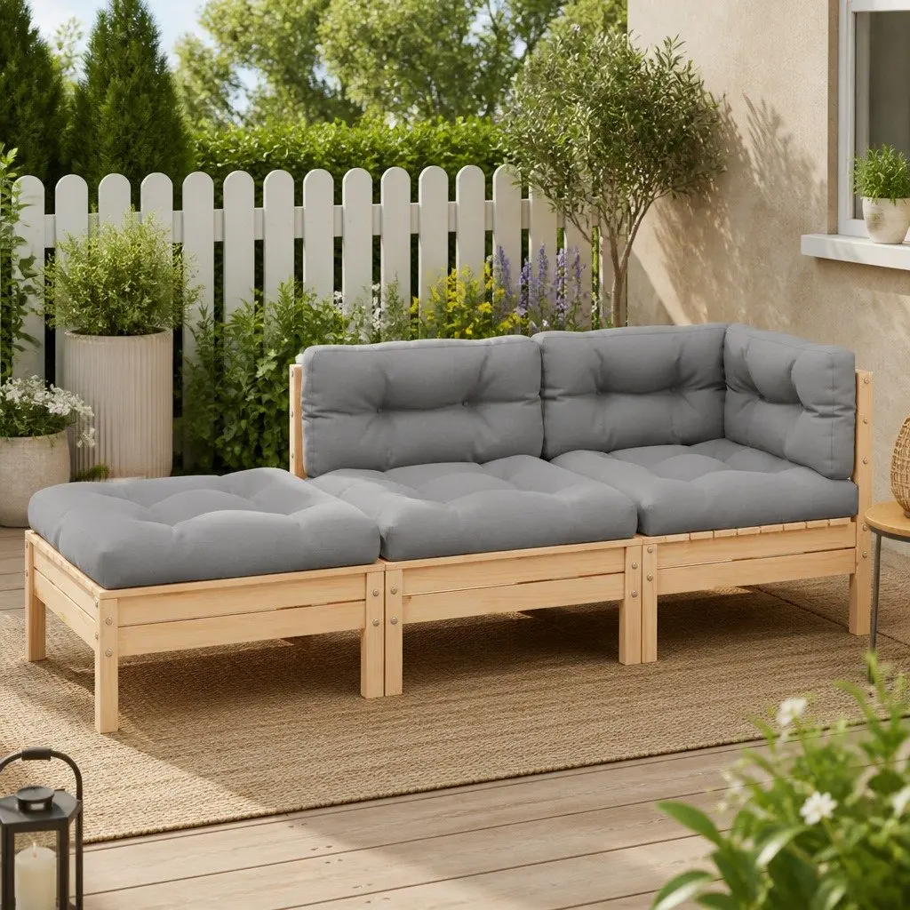 3 Piece Garden Lounge Set Solid Pinewood Grey Cushions Outdoor Sectional Sofa