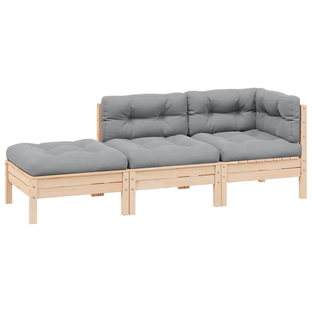 3 Piece Garden Lounge Set Solid Pinewood Grey Cushions Outdoor Sectional Sofa