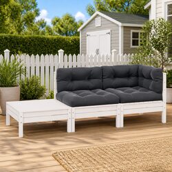 3 Piece Outdoor Garden Lounge Set White Solid Pinewood with Cushions Patio
