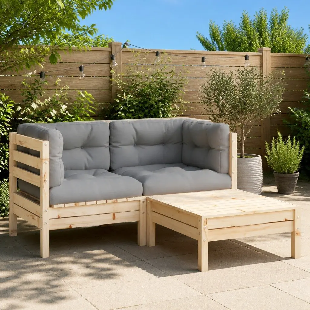 3 Piece Garden Lounge Set Solid Pinewood Grey Cushions Modular Sectional Sofa